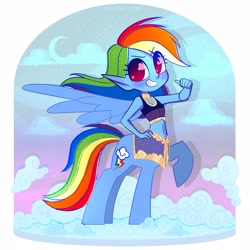 Size: 2500x2500 | Tagged: safe, artist:syrupyyy, derpibooru import, rainbow dash, anthro, centaur, alternate hairstyle, centaurified, clothes, cloud, elf ears, female, grin, pointing at self, skirt, sky, smiling, solo, species swap, sports bra