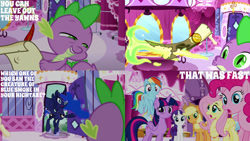 Size: 1280x720 | Tagged: safe, derpibooru import, edit, edited screencap, editor:quoterific, screencap, applejack, fluttershy, pinkie pie, princess luna, rainbow dash, rarity, spike, twilight sparkle, twilight sparkle (alicorn), alicorn, dragon, earth pony, pegasus, pony, unicorn, do princesses dream of magic sheep, season 5, applejack's hat, carousel boutique, clothes, cowboy hat, female, flying, hat, male, mane seven, mane six, mare, open mouth