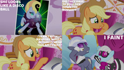 Size: 1280x720 | Tagged: safe, derpibooru import, edit, edited screencap, editor:quoterific, screencap, applejack, hoity toity, photo finish, earth pony, pony, honest apple, season 7, applejack's hat, carousel boutique, clothes, cowboy hat, crying, disco ball, female, hat, male, mare, open mouth, picture, stallion, tears of joy