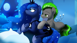 Size: 1000x561 | Tagged: artist needed, safe, derpibooru import, princess luna, oc, oc:long path, alicorn, earth pony, pony, blue fur, blue hair, canon x oc, cutie mark, duo, female, green hair, grey fur, male, moon, night