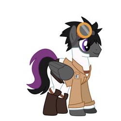 Size: 280x280 | Tagged: safe, artist:sayo yunno, derpibooru import, oc, oc:sayo yunno, pegasus, boots, clothes, coat, folded wings, goggles, jacket, looking at something, male, pants, pegasus oc, pinterest, pocket, profile, shirt, shoes, simple background, smiling, solo, stallion, straps, two toned tail, white background, wings