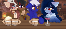 Size: 6000x2696 | Tagged: safe, artist:2pandita, derpibooru import, oc, oc:maverick, oc:ondrea, oc:tundra, oc:vigilance, pegasus, alcohol, bar, beer, blushing, bone, chest fluff, couples, drinking, drunk, kiss on the cheek, kissing, pair, wine