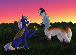 Size: 1000x727 | Tagged: safe, artist:foxenawolf, derpibooru import, oc, oc only, oc:penumbra path, anthro, bat pony, pony, fanfic:cosmic lotus, duo, fanfic art, female, foxtaur, jewelry, male, ring, wedding ring, wings