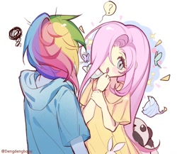 Size: 1126x979 | Tagged: safe, artist:dengdengbobo, derpibooru import, fluttershy, rainbow dash, bear, bird, butterfly, human, panda, equestria girls, blush sticker, blushing, clothes, duo, female, hair over one eye, question mark, shirt, simple background, sweater, white background