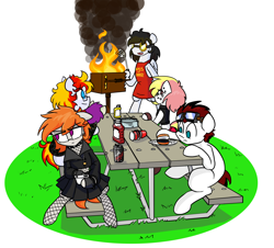 Size: 3008x2714 | Tagged: safe, artist:thegamefilmguruman, derpibooru import, oc, oc:alter ego, oc:artyom, oc:commissar junior, oc:ela, oc:roxxi, oc:tempest ja, altenior, apron, burnt, clothes, fire, goggles, parent:oc:alter ego, parent:oc:commissar junior, parents:altenior, picnic