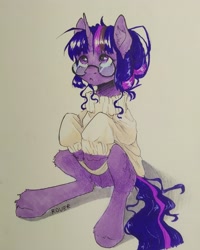 Size: 2333x2916 | Tagged: safe, artist:rover, derpibooru import, sci-twi, twilight sparkle, pony, unicorn, equestria girls, clothes, cute, equestria girls ponified, female, glasses, mare, ponified, shy, simple background, sitting, sweater, traditional art, unicorn sci-twi, white background
