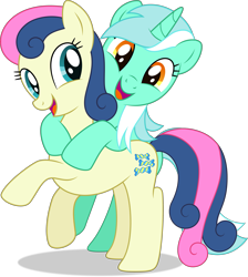 Size: 3277x3659 | Tagged: safe, artist:thatusualguy06, derpibooru import, bon bon, lyra heartstrings, sweetie drops, earth pony, pony, unicorn, adorabon, background pony, base used, best friends, cute, duo, duo female, female, high res, leaning, lyrabetes, mare, open mouth, open smile, raised hoof, raised leg, simple background, smiling, transparent background, vector