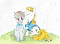 Size: 1280x933 | Tagged: safe, artist:pianoflagerag, derpibooru import, oc, oc only, oc:flaxen smallharp, oc:guiding light, pony, unicorn, atg 2021, blushing, hill, love, newbie artist training grounds, romance, traditional art