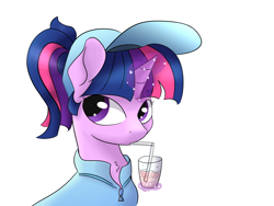 Size: 4000x3000 | Tagged: safe, artist:s.l.guinefort, derpibooru import, twilight sparkle, unicorn, alternate hairstyle, bust, clothes, drink, drinking, female, hat, levitation, magic, solo, telekinesis