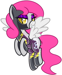 Size: 5244x6352 | Tagged: safe, alternate version, artist:severity-gray, derpibooru import, oc, oc:storm cloud, pegasus, pony, alternate timeline, bedroom eyes, clothes, costume, eyeshadow, flying, grin, hooves together, latex, latex suit, looking at you, makeup, nightmare takeover timeline, rubber, rubber suit, shadowbolts costume, shiny, simple background, slit eyes, smiling, solo, spread wings, transparent background, uniform, wings
