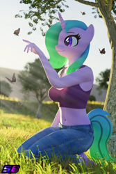 Size: 2160x3240 | Tagged: safe, artist:shadowboltsfm, derpibooru import, oc, oc only, oc:fiona mahri, anthro, butterfly, plantigrade anthro, unicorn, 3d, anthro oc, barefoot, beautiful, belly button, big breasts, blender, bra, breasts, clothes, crop top bra, cute, eyelashes, feet, female, grass, high res, jeans, kneeling, looking at something, mare, midriff, not sfm, outdoors, pants, smiling, sun ray, underwear