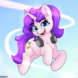 Size: 2500x2500 | Tagged: safe, artist:rivin177, derpibooru import, oc, pony, unicorn, blue eyes, headphones, hooves up, jumping, purple hair, purple pony, solo