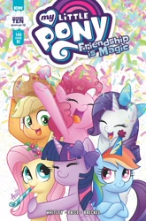 Size: 2063x3131 | Tagged: safe, artist:agnesgarbowska, derpibooru import, idw, applejack, fluttershy, pinkie pie, rainbow dash, rarity, twilight sparkle, twilight sparkle (alicorn), alicorn, earth pony, pegasus, unicorn, spoiler:comic, spoiler:comic100, bow, confetti, cute, daaaaaaaaaaaw, dashabetes, diapinkes, female, hat, hug, jackabetes, party hat, party horn, pony history, raribetes, shyabetes, twiabetes