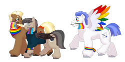 Size: 1280x640 | Tagged: safe, artist:itstechtock, derpibooru import, oc, oc only, oc:stoutheart, oc:swift wing, oc:waxing lyrical, bat pony, pegasus, colored wings, male, mouth hold, multicolored wings, pride, pride flag, rainbow wings, simple background, stallion, transparent background, wings