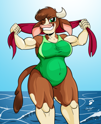 Size: 1591x1942 | Tagged: safe, artist:duragan, derpibooru import, arizona cow, anthro, cow, them's fightin' herds, beach, belly, breasts, busty arizona cow, chubby, clothes, extra thicc, female, flirting, musclegut, muscles, muscular female, one eye closed, one-piece swimsuit, pose, swimsuit, thick, towel, wink