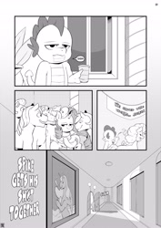 Size: 2892x4096 | Tagged: safe, artist:raph13th, derpibooru import, rarity, spike, alicorn, dragon, earth pony, pony, unicorn, comic:spike gets his sh%t together, black and white, comic, grayscale, monochrome, party, solo cup, vulgar