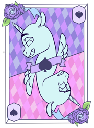 Size: 600x814 | Tagged: safe, artist:lavvythejackalope, derpibooru import, oc, oc only, alicorn, pony, alicorn oc, bedroom eyes, bust, card, commission, flower, grin, horn, rose, simple background, smiling, transparent background, wings, your character here