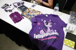 Size: 2048x1365 | Tagged: safe, derpibooru import, twilight sparkle, unicorn twilight, unicorn, bronycon, bronycon 2012, clothes, duckface, irl, markers, photo, shirt, sunglasses, t-shirt, traditional art, twilightlicious, water bottle