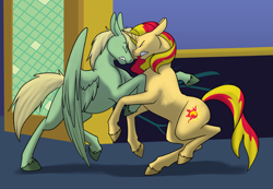 Size: 1000x692 | Tagged: safe, artist:foxenawolf, derpibooru import, sunset shimmer, oc, oc:mark wells, pegasus, pony, unicorn, fanfic:off the mark, blonde, blonde hair, bonk, clumsy, crash, eyes closed, green fur, spread wings, wings, yellow fur
