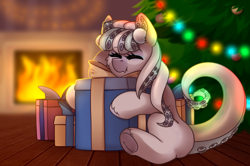 Size: 900x599 | Tagged: safe, artist:mediasmile666, derpibooru import, oc, oc only, original species, christmas, christmas tree, fireplace, holiday, indoors, present, solo, tree, winter