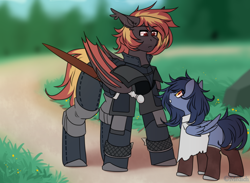 Size: 900x658 | Tagged: safe, artist:mediasmile666, derpibooru import, oc, oc only, bat pony, pegasus, bat pony oc, duo, looking at each other, outdoors, standing, sword, weapon