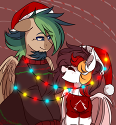 Size: 900x970 | Tagged: safe, artist:mediasmile666, derpibooru import, oc, oc only, bat pony, pegasus, abstract background, bat pony oc, christmas, duo, hat, holiday, male, santa hat, stallion