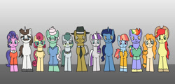 Size: 1280x615 | Tagged: safe, artist:platinumdrop, derpibooru import, bow hothoof, bright mac, cloudy quartz, cookie crumbles, gentle breeze, hondo flanks, igneous rock pie, night light, pear butter, posey shy, twilight velvet, windy whistles, earth pony, pegasus, pony, unicorn, dad six, mom six, parent, request