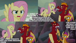 Size: 1280x720 | Tagged: safe, derpibooru import, edit, edited screencap, editor:quoterific, screencap, fluttershy, garble, smolder, dragon, pegasus, pony, season 9, sweet and smoky, angry, dragoness, eyes closed, female, flying, implied spike, male, mare, open mouth, spread wings, teeth, trio, wings