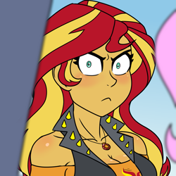 Size: 1417x1417 | Tagged: safe, artist:nsfani21, derpibooru import, fluttershy, sunset shimmer, equestria girls, equestria girls series, rollercoaster of friendship, angry, blushing, breasts, clothes, explicit source, female, female focus, geode of empathy, looking at you, magical geodes, solo focus, sunset jiggler, vest