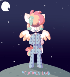 Size: 1336x1456 | Tagged: safe, artist:spritecranbirdie, derpibooru import, oc, oc only, oc:al kohal, pegasus, pony, anorexic, bipedal, clothes, covered eyes, ethereal mane, freckles, male, moon, multicolored hair, night, onesie, pacifier, pajamas, solo, standing, starry mane, stars, text, two toned wings, wings