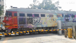 Size: 1280x720 | Tagged: safe, derpibooru import, applejack, fluttershy, pinkie pie, rainbow dash, rarity, twilight sparkle, twilight sparkle (alicorn), alicorn, earth pony, pegasus, unicorn, barrier, bilibili source, china, diesel locomotive, female, irl, locomotive, mane six, mare, my little pony logo, photo, shenzhen, train, tree