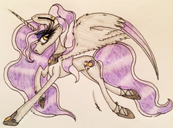 Size: 2332x1726 | Tagged: safe, artist:beamybutt, derpibooru import, oc, oc only, alicorn, pony, alicorn oc, eyelashes, female, hoof shoes, horn, mare, peytral, raised hoof, raised leg, signature, solo, traditional art, two toned wings, wings