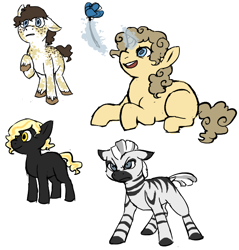 Size: 602x629 | Tagged: safe, artist:mew, derpibooru import, oc, oc only, oc:almond road, oc:bluebonnet, oc:bright lights, oc:zuberi, earth pony, pony, unicorn, zebra, colt, female, filly, flower, lying down, magic, male, prone