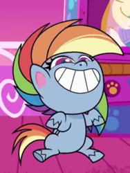 Size: 750x1000 | Tagged: safe, derpibooru import, screencap, rainbow dash, pegasus, pony, little miss fortune, my little pony: pony life, spoiler:pony life s02e20, cropped, female, funny face, grin, mare, rainbow dash is best facemaker, smiling