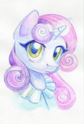 Size: 700x1037 | Tagged: safe, artist:maytee, derpibooru import, sweetie belle, pony, unicorn, bust, clothes, colored pencil drawing, cute, diasweetes, portrait, solo, traditional art