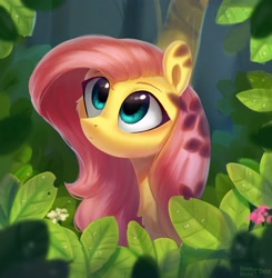 Size: 3473x3551 | Tagged: safe, artist:enderselyatdark, derpibooru import, fluttershy, pegasus, pony, cute, daaaaaaaaaaaw, female, forest, leaves, mare, shyabetes, solo, stare