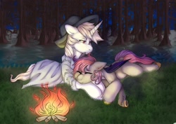 Size: 1754x1240 | Tagged: safe, artist:miphassl, derpibooru import, oc, bat pony, pony, unicorn, background, bat pony oc, bat wings, bonfire, commission, duo, fire, forest, forest background, peace, sleeping, tired, wings