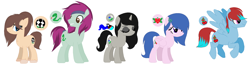 Size: 1818x488 | Tagged: safe, artist:somecoconut, derpibooru import, oc, pegasus, pony, unicorn, base used, eyes closed, female, horn, looking back, male, mare, pegasus oc, simple background, sombra eyes, stallion, unicorn oc, white background, wings