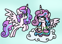 Size: 1037x729 | Tagged: safe, artist:somecoconut, derpibooru import, princess flurry heart, alicorn, pony, cloud, cross-popping veins, duality, eyelashes, female, flying, frown, horn, mare, older, older flurry heart, on a cloud, smiling, wings