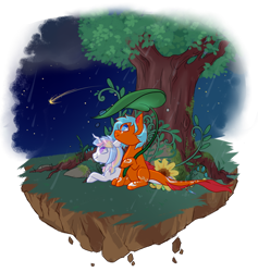 Size: 800x844 | Tagged: safe, artist:lavvythejackalope, derpibooru import, oc, oc only, pony, unicorn, commission, duo, floating island, flower, horn, looking up, lying down, night, outdoors, prone, shooting star, simple background, sitting, stars, tattoo, transparent background, tree, unicorn oc, ych result