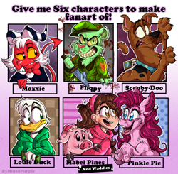 Size: 1398x1370 | Tagged: safe, artist:srtamilled, derpibooru import, pinkie pie, bird, dog, duck, earth pony, pig, pony, anthro with ponies, bust, collar, crossover, curly hair, ducktales, ear fluff, ears, evil grin, female, flippy, gravity falls, great dane, grin, happy tree friends, hat, helluva boss, insanity, knife, louie, mabel pines, male, moxxie, ruh roh, scared, scooby doo, six fanarts, smiling, waddles