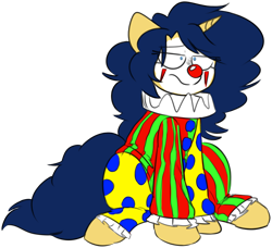 Size: 1570x1429 | Tagged: safe, artist:2k.bugbytes, oc, oc only, oc:flash reboot, pony, unicorn, clothes, clown, clown makeup, clown nose, face paint, female, outfit, simple background, sitting, solo, transparent background, unamused