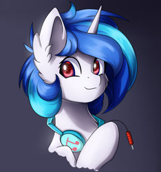 Size: 1280x1369 | Tagged: safe, artist:natanvok, dj pon-3, vinyl scratch, pony, unicorn, bust, cute, ear fluff, ears, female, headphones, looking at you, mare, missing accessory, portrait, simple background, smiling, solo, vinylbetes