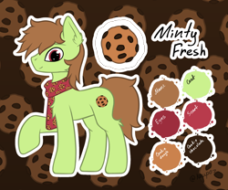 Size: 1536x1280 | Tagged: safe, artist:keupoz, derpibooru import, oc, oc only, earth pony, abstract background, clothes, commission, cookie, earth pony oc, food, reference sheet, scarf, text