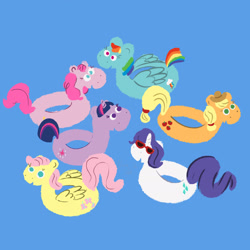 Size: 1832x1832 | Tagged: safe, artist:amynewblue, derpibooru import, applejack, fluttershy, pinkie pie, rainbow dash, rarity, twilight sparkle, inner tube, mane six, objectification, species swap, sunglasses, water