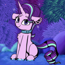 Size: 1236x1239 | Tagged: safe, artist:llametsul, derpibooru import, starlight glimmer, pony, unicorn, atg 2021, collar, ear fluff, ear piercing, earring, ears, female, forest, horn, jewelry, looking at you, mare, newbie artist training grounds, piercing, sitting, smiling, solo, sparkles, unshorn fetlocks