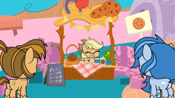 Size: 1920x1080 | Tagged: safe, derpibooru import, screencap, applejack, earth pony, pony, death of a sales-pony, my little pony: pony life, background pony, cookie, cookie stand, desert weave, food, misty rain, solo