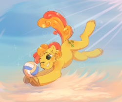 Size: 2500x2093 | Tagged: safe, artist:peachmayflower, derpibooru import, oc, oc only, earth pony, pony, beach, solo, sports, volleyball