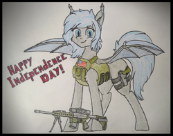 Size: 3400x2673 | Tagged: safe, artist:yognaughtsteve, derpibooru import, oc, oc:midnight dagger, bat pony, pony, 4th of july, glock, gun, handgun, holiday, independence day, pistol, plate carrier, rifle, solo, united states, weapon