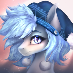 Size: 3000x3000 | Tagged: safe, artist:nettlemoth, derpibooru import, oc, oc only, oc:silver puff, oc:snow puff, bat pony, pony, bat pony oc, beanie, bust, fangs, female, hat, mare, slit eyes, solo